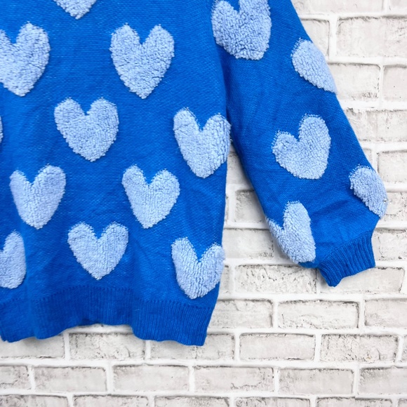 💙|•PINK LILY•| Blue on Blue Raised Knit Hearts Sweater Size Small - Picture 2 of 7